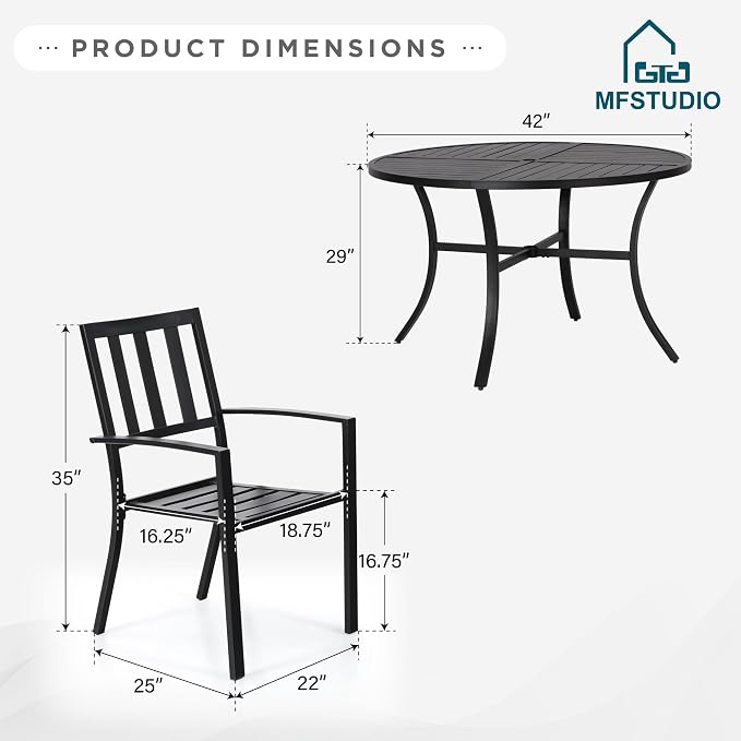 MFSTUDIO Round Outdoor Table and Chairs Set for 4 | Durable metal frame.Includes 4 chairs&patio table w/ umbrella hole.Perfect for deck,yard or patio.