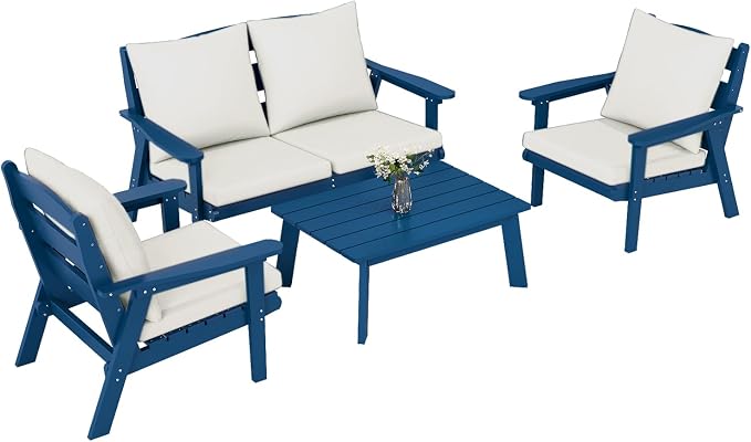 FOOWIN 4-Piece Patio Furniture Set, HDPE All-Weather Outdoor Conversation Set with Thick Cushions, Sectional Patio Sofa Furniture for Deck, Porch, Lawn, Garden, Navy Blue Frame & White Cushion