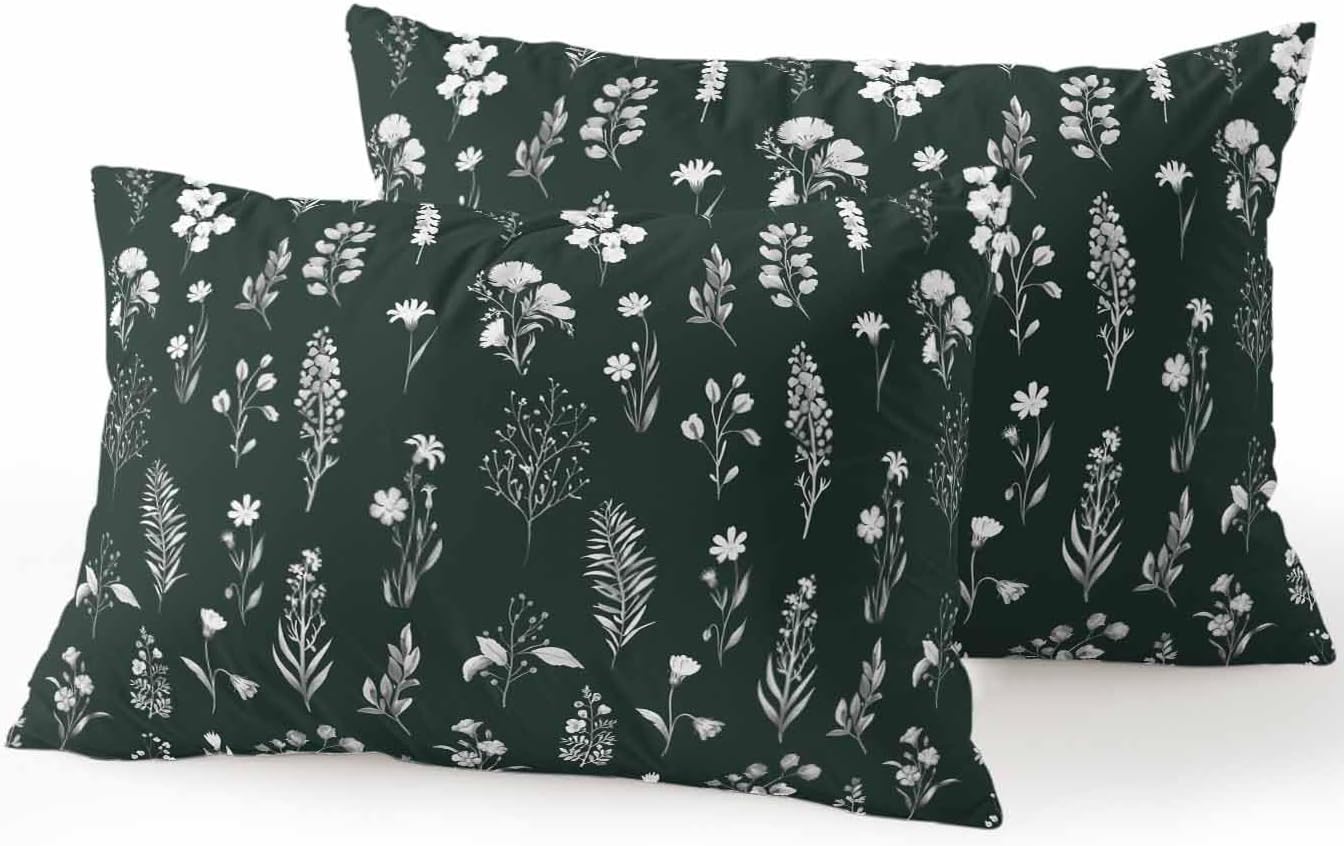 Outdoor Pillows with Inserts Set of 2 12x20, Dark Green Wildflowers Waterproof Outdoor/Indoor Throw Pillows, Farmhouse Botanical Garden Floral Decorative Pillow for Bed Couch Sofa Patio Furniture
