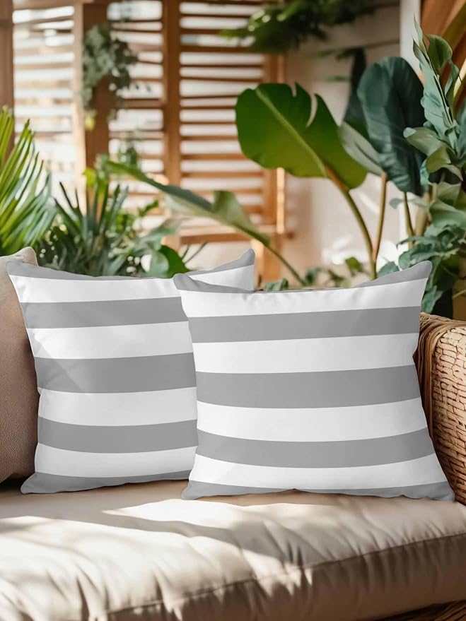 Waterproof Outdoor Pillow Set of 2 Grey White Stripe Decorative Throw Pillows Cover & Insert 16x16 Inch Pillowcase Simple Style Striped Square Pillows for Couch Sofa Bed Patio Furniture Indoor Outdoor