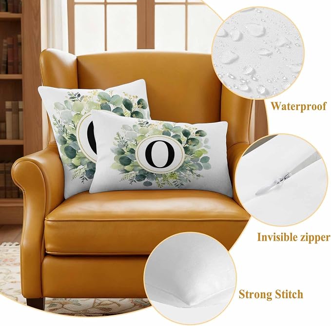 Letter O Waterproof Outdoor Pillow Covers Set of 2 Home Decor, Alphabet Green Eucalyptus Leaves Lumbar Pillowcase Patio Pillow Covers for Couch Bench Patio Furniture Garden 20x12in