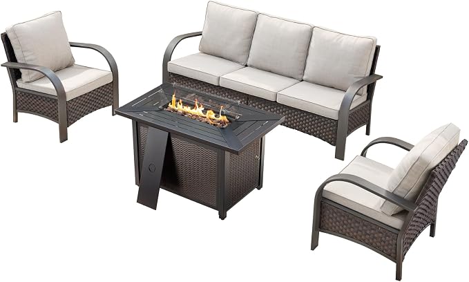 HUMMUH Wicker Patio Furniture Set with Fire Pit-Outdoor Wicker Chairs Set of 2 with Outdoor Patio Couch Outdoor Furniture Sets for Deck Porch Garden Poolside Backyard-Brown/Beige