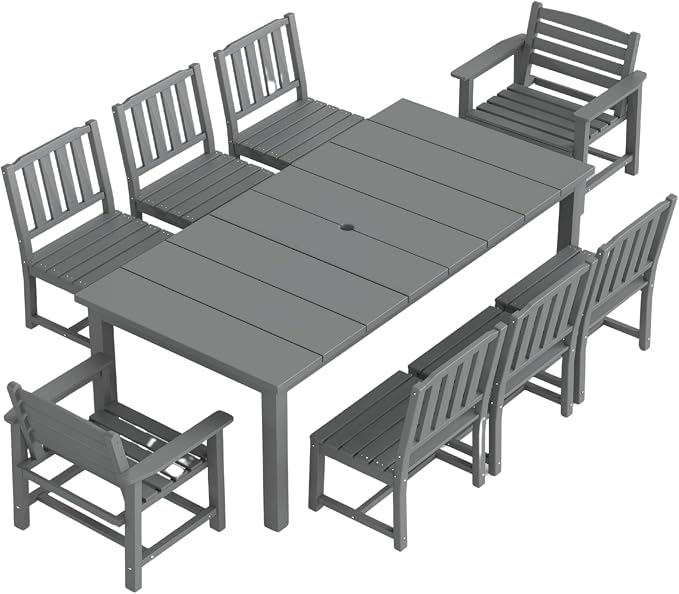 Kingdura 9 Piece Patio Dining Set for 8, 75.2'' HDPE Outdoor Dining Table Set with 2" Umbrella Hole, Weather-Resistant Outdoor Furniture, Table and Chairs Set for Backyard Pool Garden, Grey