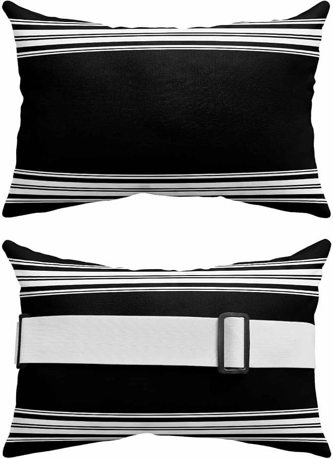 Black White Stripes Chaise Lounge Head Pillow, Abstract Geometric Waterproof Outdoor Chair Pillow with Strap&Insert for Garden Beach Pool Recliner, 11x16in, 1PCS