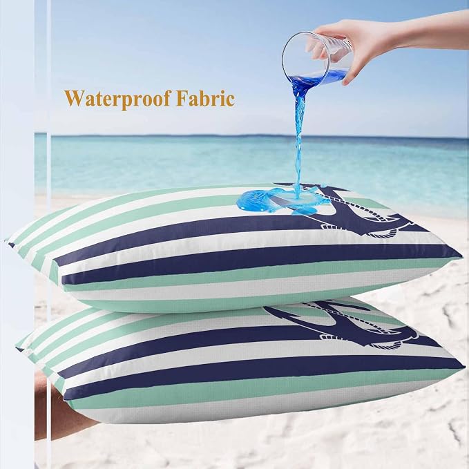 Lumbar Pillow Covers 20x12 Inch Set of 2, Anchor Aqua Waterproof Outdoor Cushion Covers, Modern Navy Blue White Striped Nautical Decorative Pillowcases for Couch, Sofa, Bed, Garden, Patio