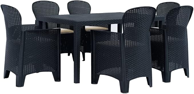 7-Piece Rattan Look Patio Dining Set with Cushions, Anthracite | Includes a rectangular table and 6 chairs made of weather-resistant plastic, ideal for garden and terrace dining.