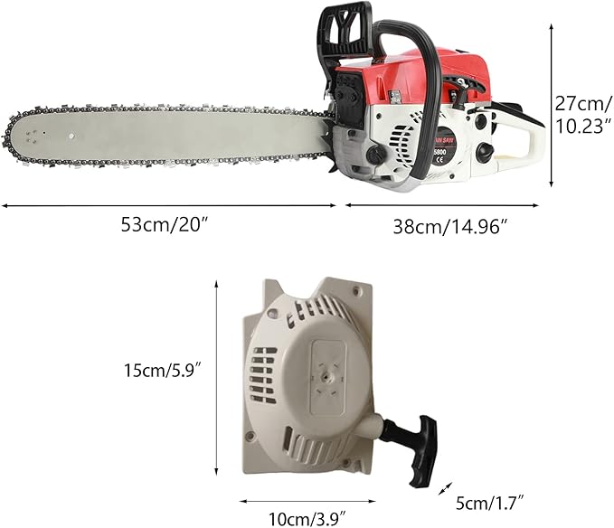 Gas Chainsaw, 20 Inches 58 Cubic Centimeter High Working Efficiency Gas-powered Handheld Chain Saw Chainsaw for Forest Cutting Trees, Wood, Garden and Farm Use (Red)