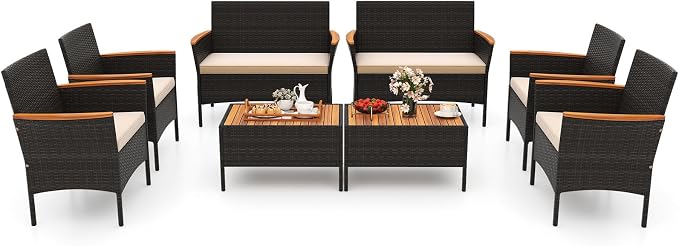Tangkula 8 Pieces Patio Wicker Sofa Set, 2 Rattan Chairs & Loveseat w/Coffee Table, Acacia Wood Armrests & Tabletop, Outdoor Cushioned Conversation Set for Backyard, Poolside (Beige, 8 Pieces)