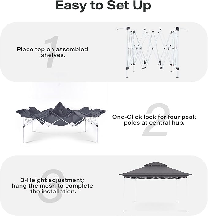 LAUSAINT HOME 11x11 Pop Up Gazebo with 50FT String Lights, Mosquito Netting, Instant One-Push Setup, Adjustable Height Outdoor Canopy Tent Shelter with Carry Bag for Patio, Backyard, Camping, Gray