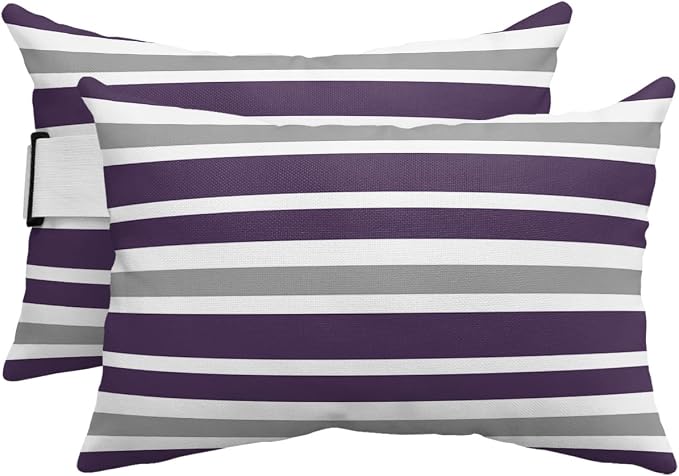 T&H XHome Outdoor Pillow for Chaise Lounge Chair, Dark Purple Gray White Stripe Waterproof Headrest Pillow Lumbar Pillows with Adjustable Elastic Strap for Beach, Poolside, Patio, Office (2 Pack)