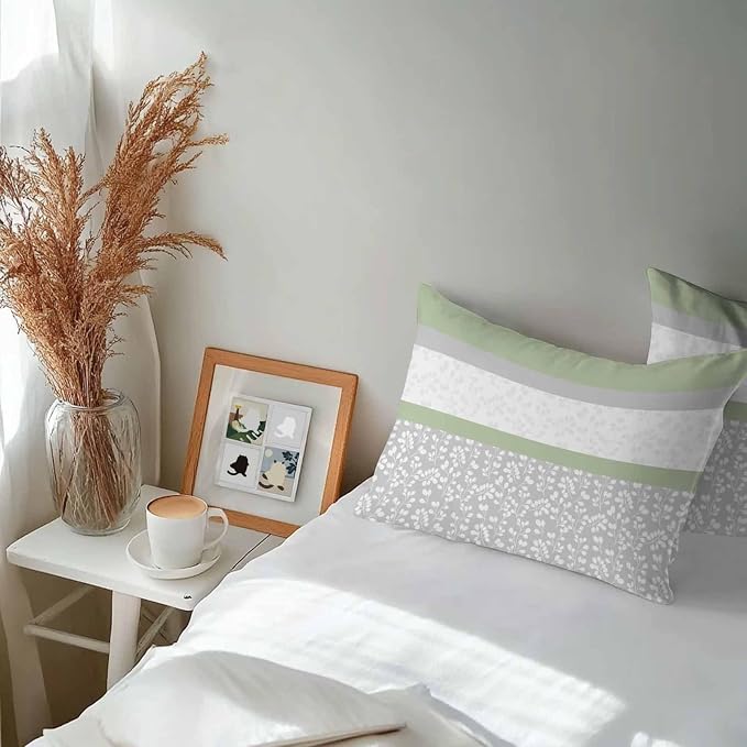 Farmhouse Flower Design Outdoor Pillow Covers 20x12in Pack of 2 Waterproof Pillowcase Green Grey White Stripe Stitching Decorative Throw Cushion Case for Patio Couch Sofa