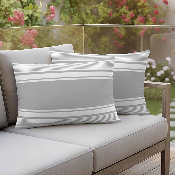 Outdoor Waterproof Throw Pillow Covers, Grey Striped Decorative Pillow Cases, Modern Color Block Farmhouse Stripes Couch Pillow Protector Patio Sofa Cushion Covers Replacement 20"x12" 2 Pack