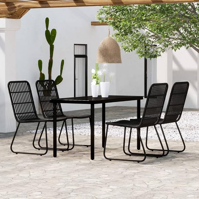 5 Piece Outdoor Dining Set with Black Powder-Coated Steel Frame, PE Rattan Accents, and Glass Tabletop for Patio or Garden