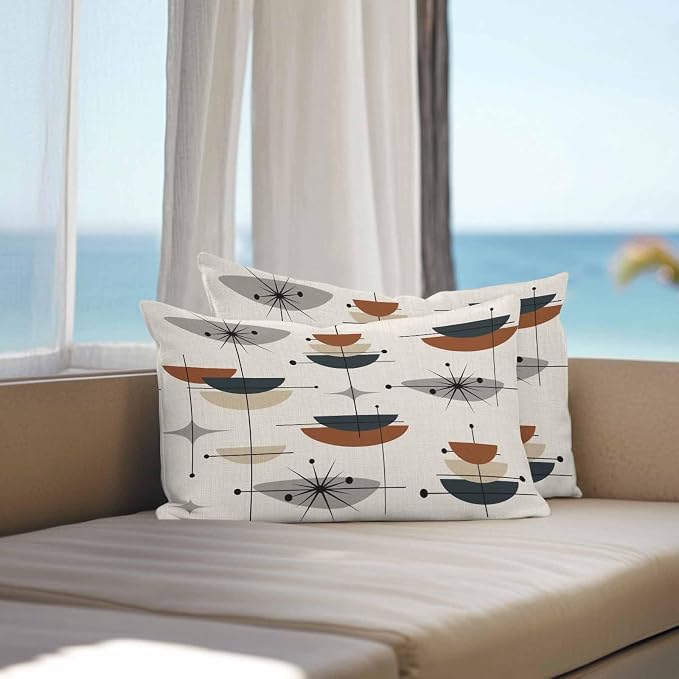 Vandarllin Outdoor Throw Pillows Covers 20x12 inch Set of 2 Waterproof Boho Mid Century Decorative Zippered Cushion Covers for Patio Furniture, Black Orange Geometric Abstract Lumbar Pillowcases