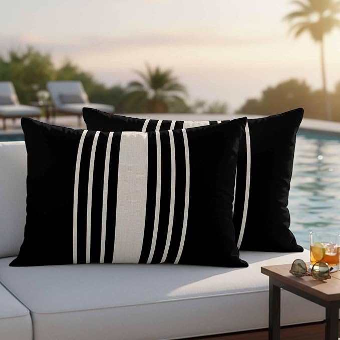 Black Beige Striped Outdoor Pillow Covers 20x12 Inch Lumbar Pillow Covers Set of 2 Waterproof Decorative Throw Pillow Cases Modern Farmhouse Retro Lines Cushion Covers for Patio Furniture Garden Couch