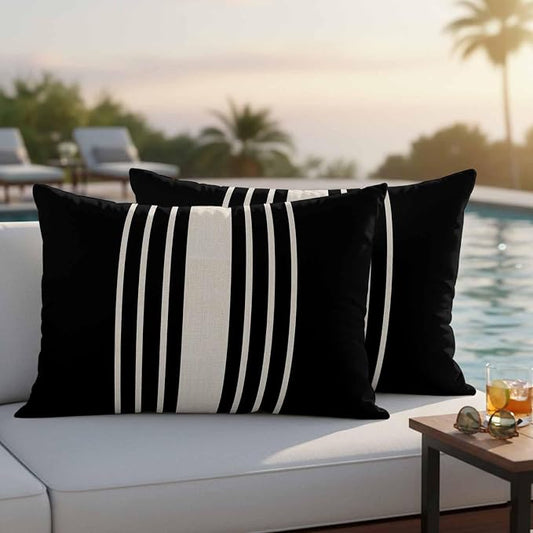 Black Beige Striped Outdoor Pillow Covers 20x12 Inch Lumbar Pillow Covers Set of 2 Waterproof Decorative Throw Pillow Cases Modern Farmhouse Retro Lines Cushion Covers for Patio Furniture Garden Couch
