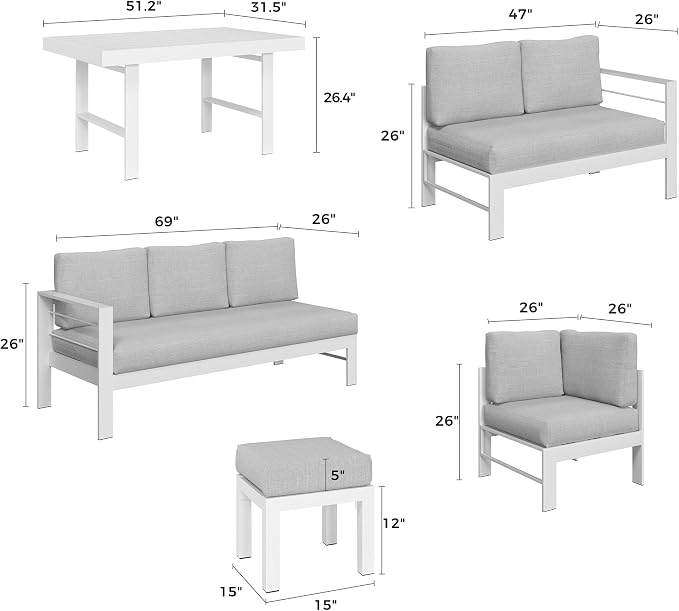 Solaste Aluminum Patio Furniture Set, Metal Patio Sectional Sofa with 2 Ottomans and Imitation Wood Tabletop Dining Table, Modern Outdoor Furniture Couch with Water-Resistant Cushion, White