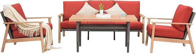 Domi Outdoor Wicker Patio Furniture Sets 4 Pieces, All-Weather Aluminum Rattan Padded Sofa Patio Conversation Sets with 2 Pillows for Porch Deck Garden(Red)