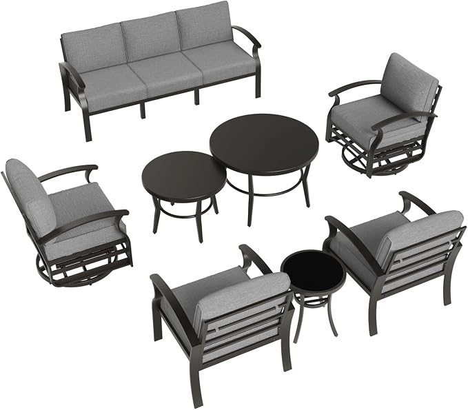 Aluminum Patio Furniture Set,7 Seats Outdoor Sectional with 2 Round Coffee Tables,Patio Conversation Sets w/5.1" Upgraded Thick Cushions for Backyard, Garden and Poolside,Grey
