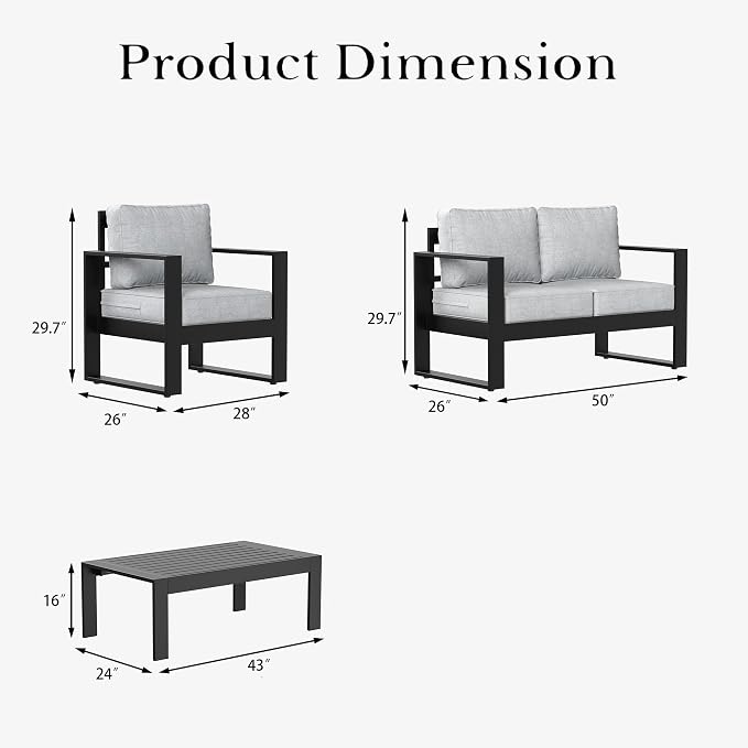 LayinSun 4 Pieces Aluminum Outdoor Patio Furniture Set, Metal Modern Conversation Sofa Set with Coffee Table and Washable Thick Cushions for Porch, Backyard, Deck