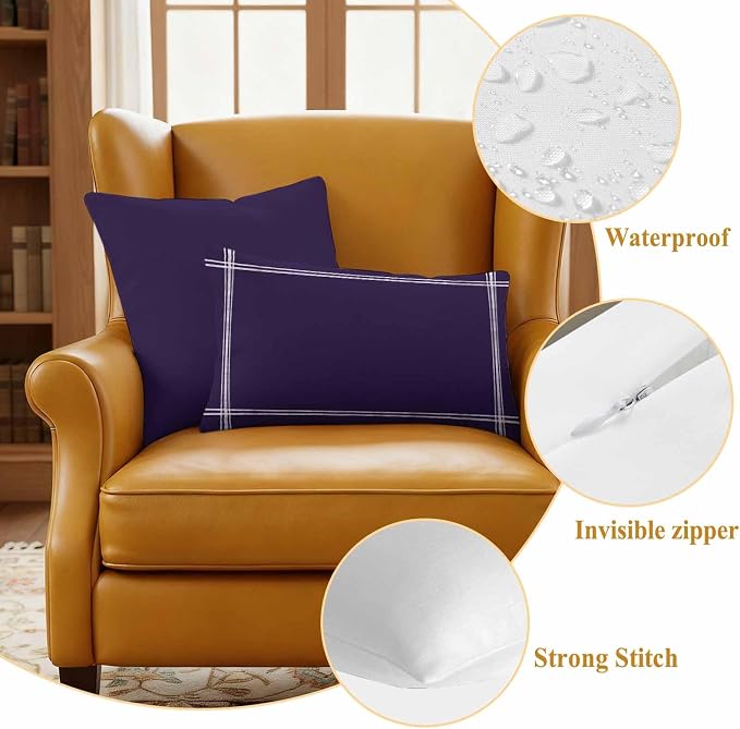 Solid Color Outdoor Waterproof Throw Pillow Covers Set of 2, 20"x12", Dark Purple Decorative Pillow Covers Outside Cushion Case for Patio Porch Garden