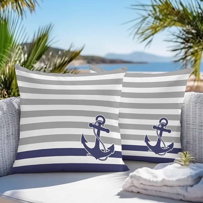 Throw Pillow Covers 20x20 Inch Set of 2, Anchor Gray Waterproof Outdoor Cushion Covers, Modern Navy Blue White Striped Nautical Decorative Pillowcases for Couch, Sofa, Bed, Garden, Patio