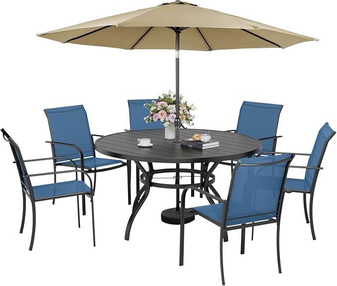 7-Piece Patio Dining Set with Umbrella,6 Person Outdoor Table and Chairs Set, 6 Metal Dining Chairs and Round Outdoor Table with 1.57" Umbrella Hole,Blue