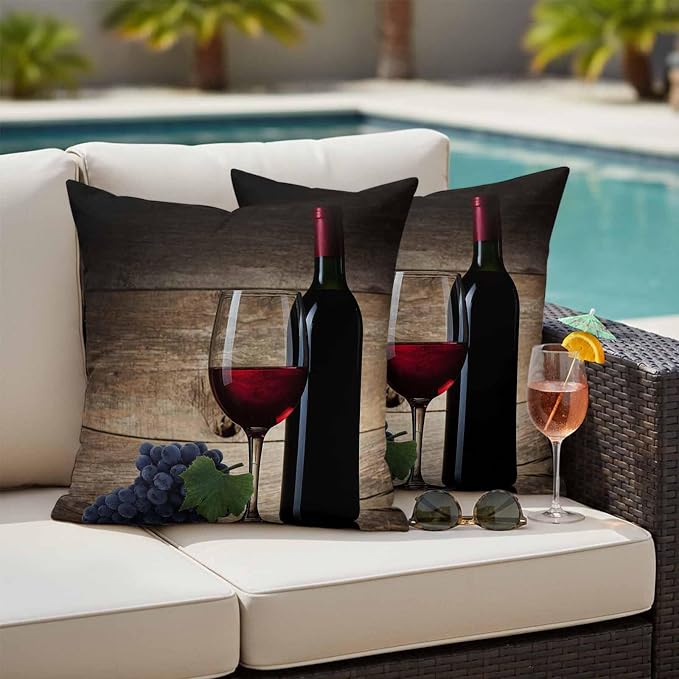 Red Wines Outdoor Pillow Covers 24x24 Inch Throw Pillow Covers Set of 2 Waterproof Decorative Pillow Cases Grapes Vintage Wooden Grain Farmhouse Cushion Covers for Patio Furniture Garden Couch Sofa