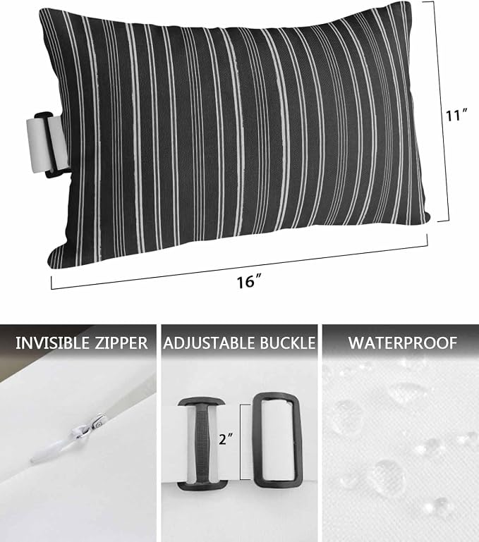 Pack of 2 Outdoor Lumbar Pillow Covers 11x16 Inch, Black Striped Waterproof Throw Pillow Covers Set, Farmhouse Stripes Modern Vintage Indoor&Outdoor Decorative Cushion Cases for Patio Porch Car