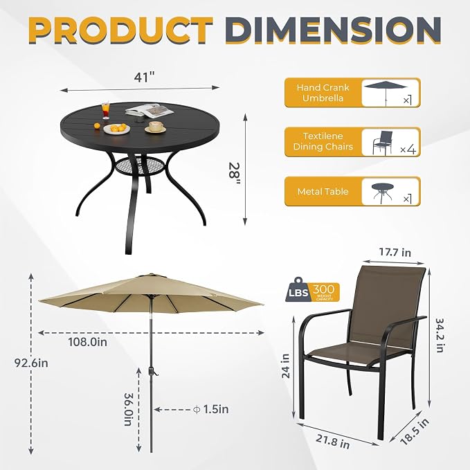 Incbruce 6 PCS Patio Dining Set with Brown Umbrella, Outdoor Dining Set of 4 Textilene Chairs and 41" Round Table with Umbrella Hole for Backyard, Garden, and Poolside (Brown)