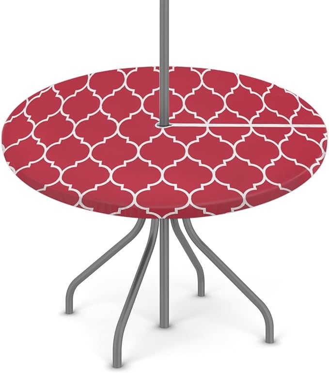 Round Tablecloth with Umbrella Hole and Zipper Moroccan Pattern Outdoor Elastic Fitted Table Cloth 45"-56" Oil-Proof Waterproof Burgundy Red Patio Table Cover for Picnic Party