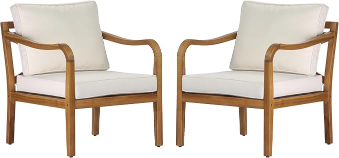 Merax Outdoor Acacia Wood Armchair Set of 2 with Elegant Cross Back Design, Deep Seating Patio Lounge Chairs with Removable Soft Cushions for Porch, Garden, Backyard, Balcony, Teak & Beige