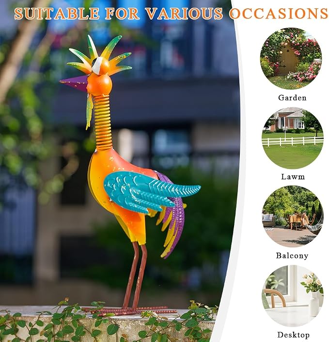Metal Wacky Rooster Garden Statue for, Patio, Backyard, Lawn | 18'' Rooster Decor, Yard Statue Decorations Outdoor, Chicken Yard Art, Orange