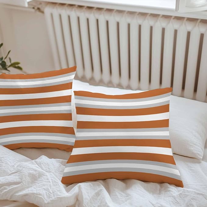 Throw Pillow Covers 16x16 Inch Set of 2, Burnt Orange Grey Stripe Waterproof Outdoor Pillow Covers, Minimalist Farmhouse Striped Decorative Cushion Pillowcases for Couch, Sofa, Bed, Garden, Patio