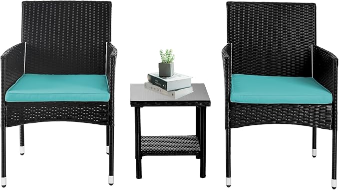 PayLessHere Set of 3 Outdoor Furniture Set Heavy Duty Patio Furniture Set Sturdy Conversation Set with 2 Rattan Chairs Glass Top Coffee Table Seat Cushions for Coffee Bar Poolside Patio Outdoor, Blue