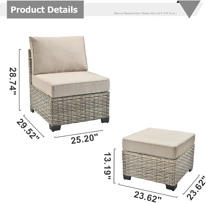 HOOOWOOO Outdoor Sectional Patio Furniture Set,3 Pieces Set with 1 Armless Wicker Chair and 2 Ottomans,Extra Deep Out Door Sofa Outside Furniture,Beige
