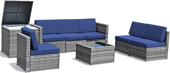 RELAX4LIFE 8-Piece Patio Furniture Set - PE Wicker Conversation Set w/Soft Cushions & Tempered Glass Storage Table, Outdoor Sectional Sofa Set for Garden, Poolside, Backyard (Navy Blue)