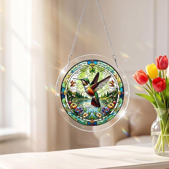 Acrylic Puzzle Suncatcher, Hummingbird Stained Glass Window Hanging, Sun Catcher Puzzle Kit Home Garden Decor, Creative Mothers Day and Birthdays Gifts for Mom, Wife, Sisters, 7.87 inch