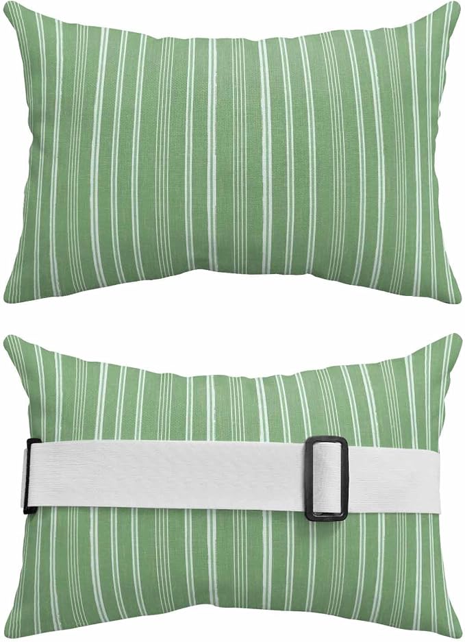 Pack of 2 Outdoor Lumbar Pillow Covers 12x20 Inch, Green Striped Waterproof Throw Pillow Covers Set, Farmhouse Stripes Modern Vintage Indoor&Outdoor Decorative Cushion Cases for Patio Porch Car