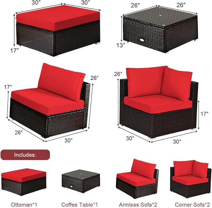 RELAX4LIFE 6-Piece Patio Sofa Set - Outdoor Sectional Sofa Set Wicker Conversation Set w/Table & Removable Cushions, Modular Sofa Set Patio Furniture for Backyard, Poolside, Balcony (Red)