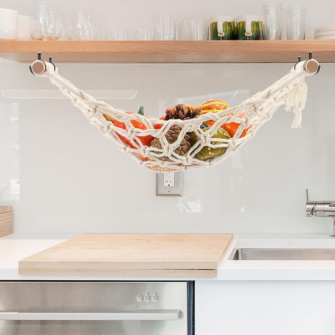 2 Pack Hanging Fruit Hammock Under Cabinet Hanging Basket Includes Hooks - Macrame Bohemian Hanging Banana Vegetable Hammocks Kitchen Storage Counter Space Saving Decoration at Home, Boat, Rv(Style B)