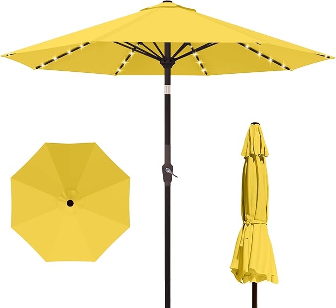 Kingdura 10FT Outdoor Patio Umbrella with Solar Lights, Market Table Umbrella with Push Button Tilt & Crank, 8 Sturdy Ribs, 32 LED Lights, UV Protection for Garden Lawn Deck Backyard Pool (Yellow)