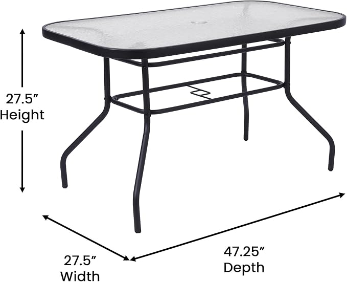 Flash Furniture Lila Commercial 5-Piece Outdoor Dining Set, Tempered Glass Patio Table with Umbrella Hole, 4 Triple Slat Chairs, 47", Black