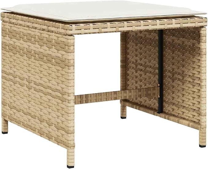 11 Piece Patio Dining Set with Cushions Beige Poly Rattan Outdoor Dining Table and 6 Chairs with Foldable Backrest, Space-Saving Glass Tabletop Garden Furniture Set for Backyard Cream White Cushions