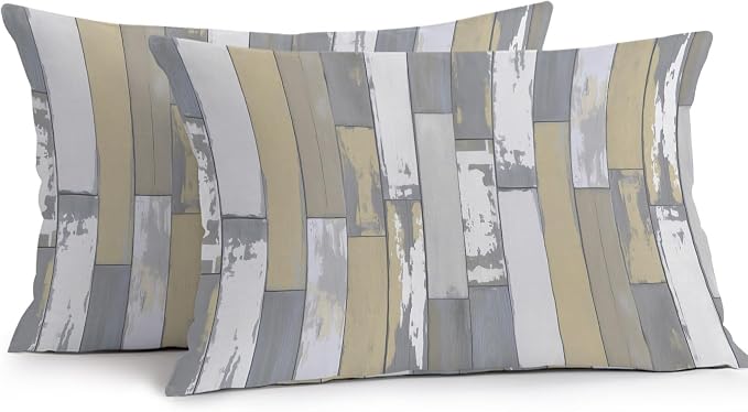 Yellow Gray Outdoor Pillow Covers 20x12 Inch Lumbar Pillow Covers Set of 2 Waterproof Decorative Throw Pillow Cases Rustic Vintage Shabby Mottled Wood Grain Cushion Covers for Patio Furniture Garden
