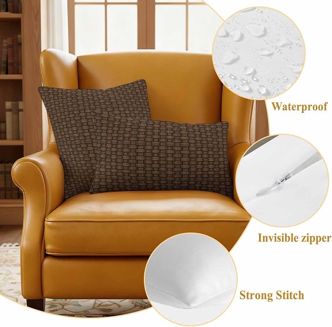Outdoor Waterproof Throw Pillow Covers Set of 2 Brown Rattan Pillowcases 24x24 Inches Retro Striped Lines Decorative Pillows Cushion Case Patio Pillows for Couch Bed Chair Garden