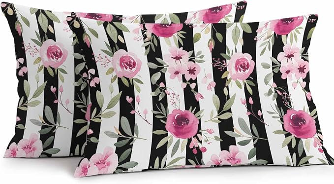 Vandarllin Outdoor Throw Pillows Covers 20x12 inch Set of 2 Waterproof Pink Flowers Decorative Zippered Cushion Covers for Patio Furniture, Floral Leaves Black Stripes Lumbar Pillowcases