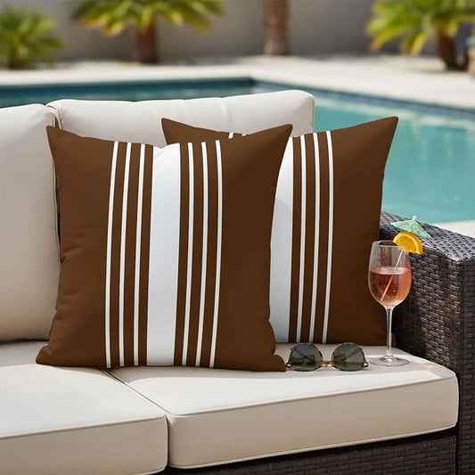Brown White Stripe Outdoor Pillow Covers 26x26 Inch Throw Pillow Covers Set of 2 Waterproof Decorative Pillow Cases Modern Rustic Vertical Striped Cushion Covers for Patio Furniture Garden Couch Sofa