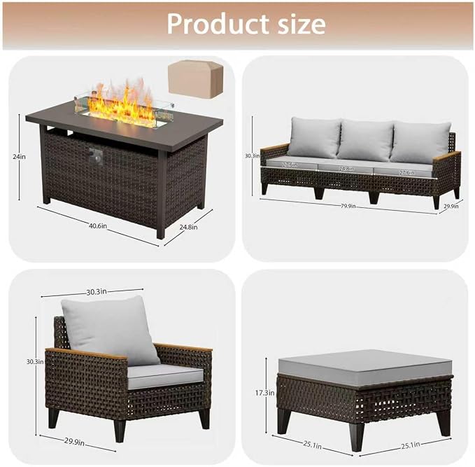 15 Piece Patio Sectional Sofa Set with 50000 BTU Fire Pit Table, All-Weather Wicker Rattan Outdoor Conversation Set, High Back, for Garden, Porch, Poolside, Gray