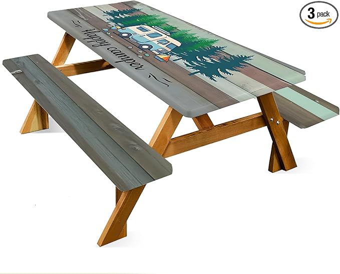 ANNA QUEEN Happy Camper RV 6FT Picnic Table Cover 3PCS Set 72"x30", Waterproof Outdoor Table and Bench Covers for Campsites and Family RV Trips
